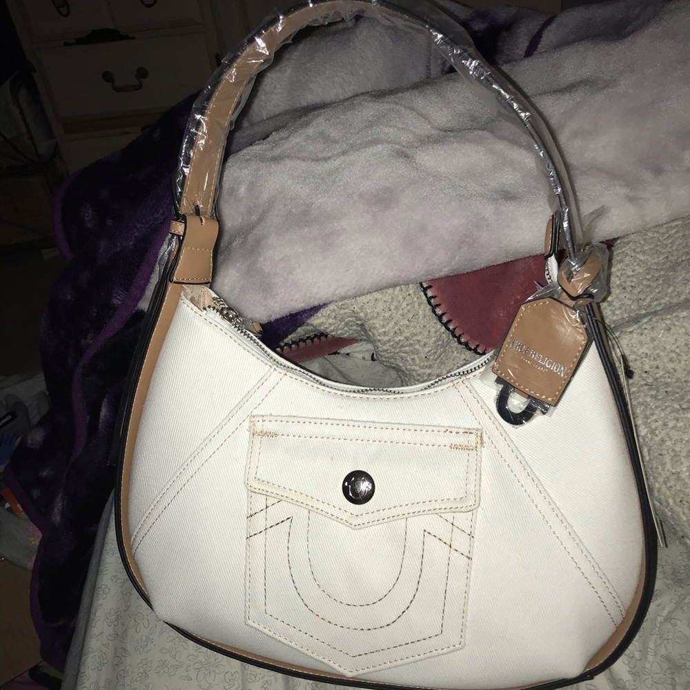 True Religion White and Tan Shoulder Hobo Bag